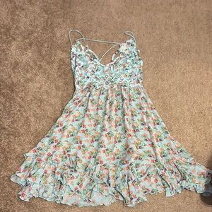 Free People Intimately Floral Smocked Sundress in Light Mint with Pink
